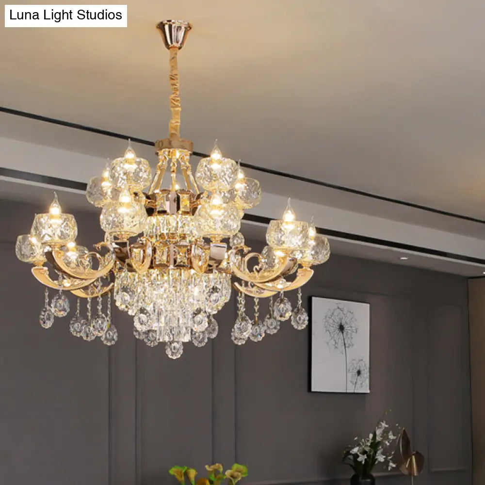 Gold Chandelier With Crystal Draping - Oblate Pendant Light Faceted Glass Design | Classic Lighting