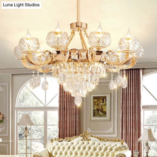 Gold Chandelier With Crystal Draping - Oblate Pendant Light Faceted Glass Design | Classic Lighting