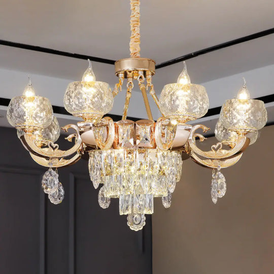 Gold Chandelier With Crystal Draping - Oblate Pendant Light Faceted Glass Design | Classic Lighting