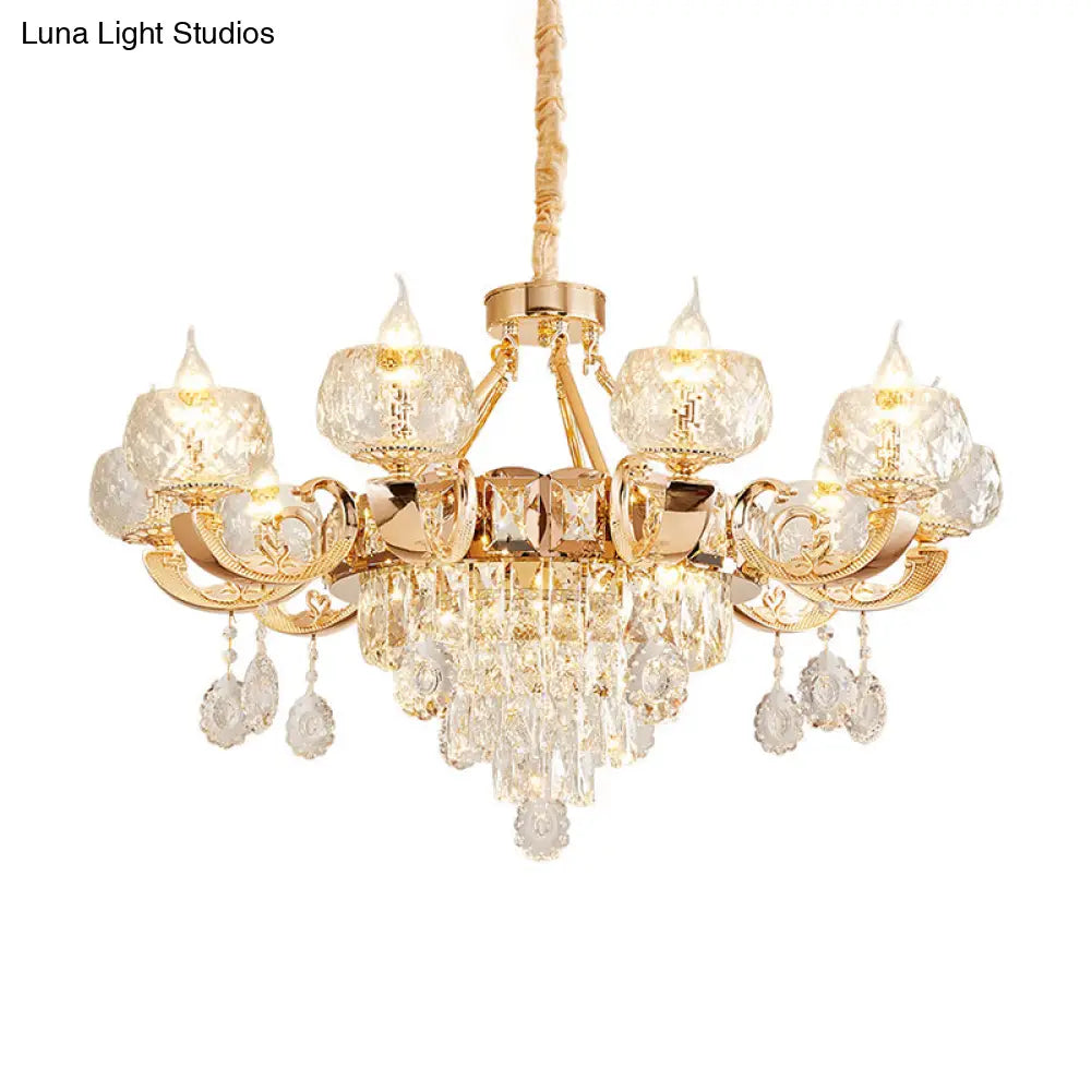 Gold Chandelier With Crystal Draping - Oblate Pendant Light Faceted Glass Design | Classic Lighting