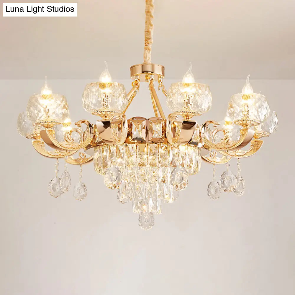 Gold Chandelier With Crystal Draping - Oblate Pendant Light Faceted Glass Design | Classic Lighting