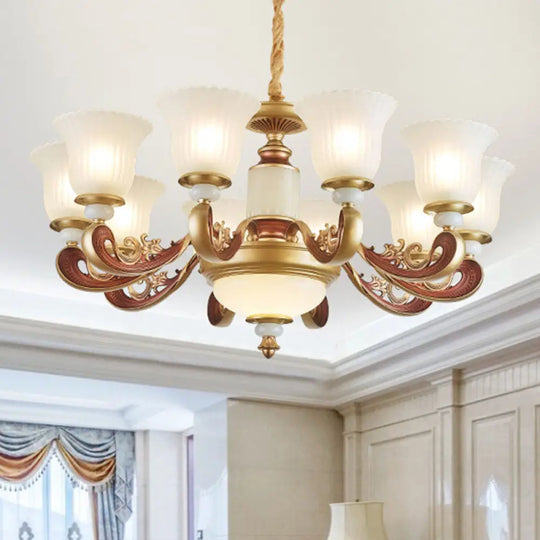 Gold Chandelier With Frosted Ribbed Glass Shade For Dining Room Pendant Lighting 10 /