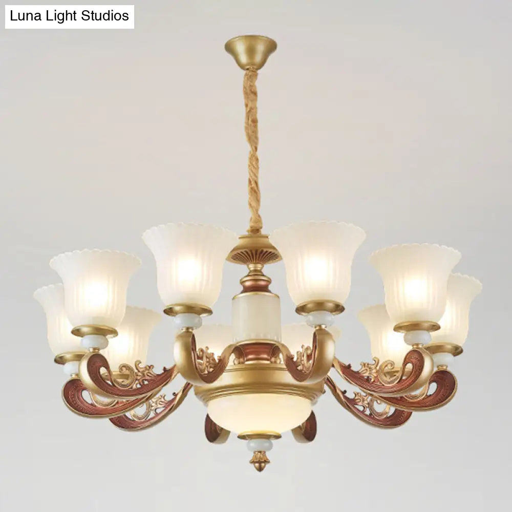 Gold Chandelier With Frosted Ribbed Glass Shade For Dining Room Pendant Lighting