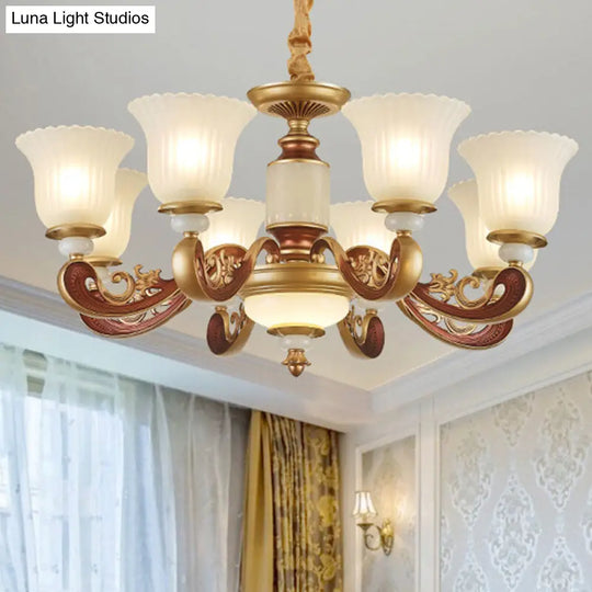 Gold Chandelier With Frosted Ribbed Glass Shade For Dining Room Pendant Lighting 8 /