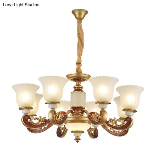 Gold Chandelier With Frosted Ribbed Glass Shade For Dining Room Pendant Lighting