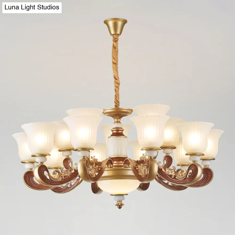 Gold Chandelier With Frosted Ribbed Glass Shade For Dining Room Pendant Lighting 15 /