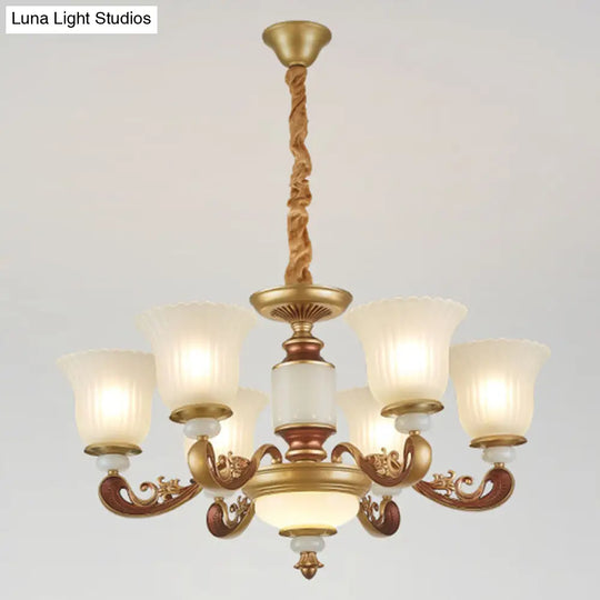 Gold Chandelier With Frosted Ribbed Glass Shade For Dining Room Pendant Lighting