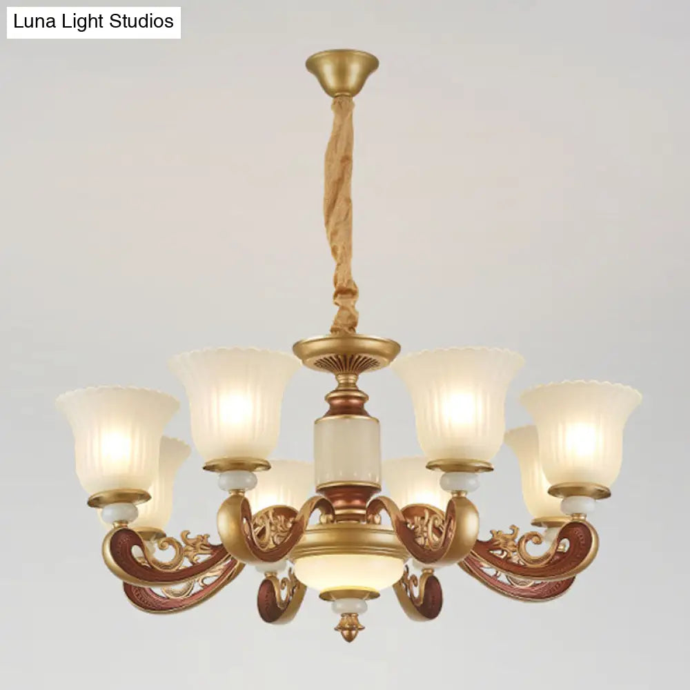 Gold Chandelier With Frosted Ribbed Glass Shade For Dining Room Pendant Lighting