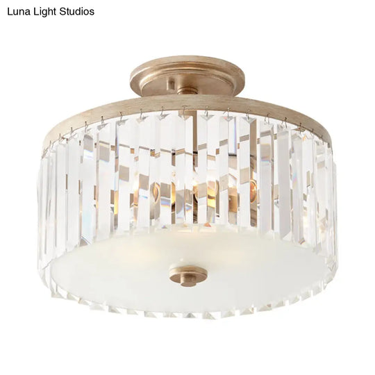 Gold Circle Crystal Block Semi Flush Mount With Recessed Lighting - 3 Bulbs Simplicity For Corridors