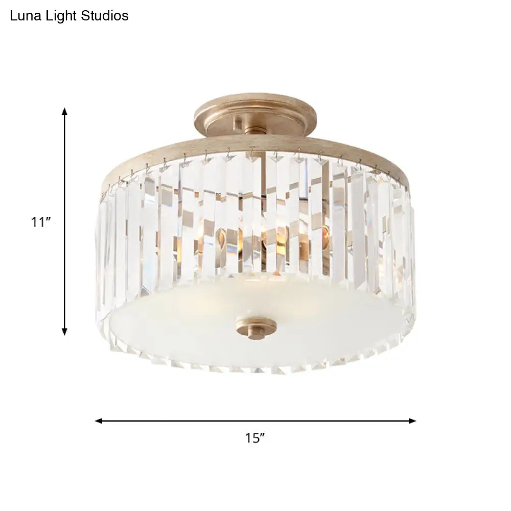 Gold Circle Crystal Block Semi Flush Mount With Recessed Lighting - 3 Bulbs Simplicity For Corridors