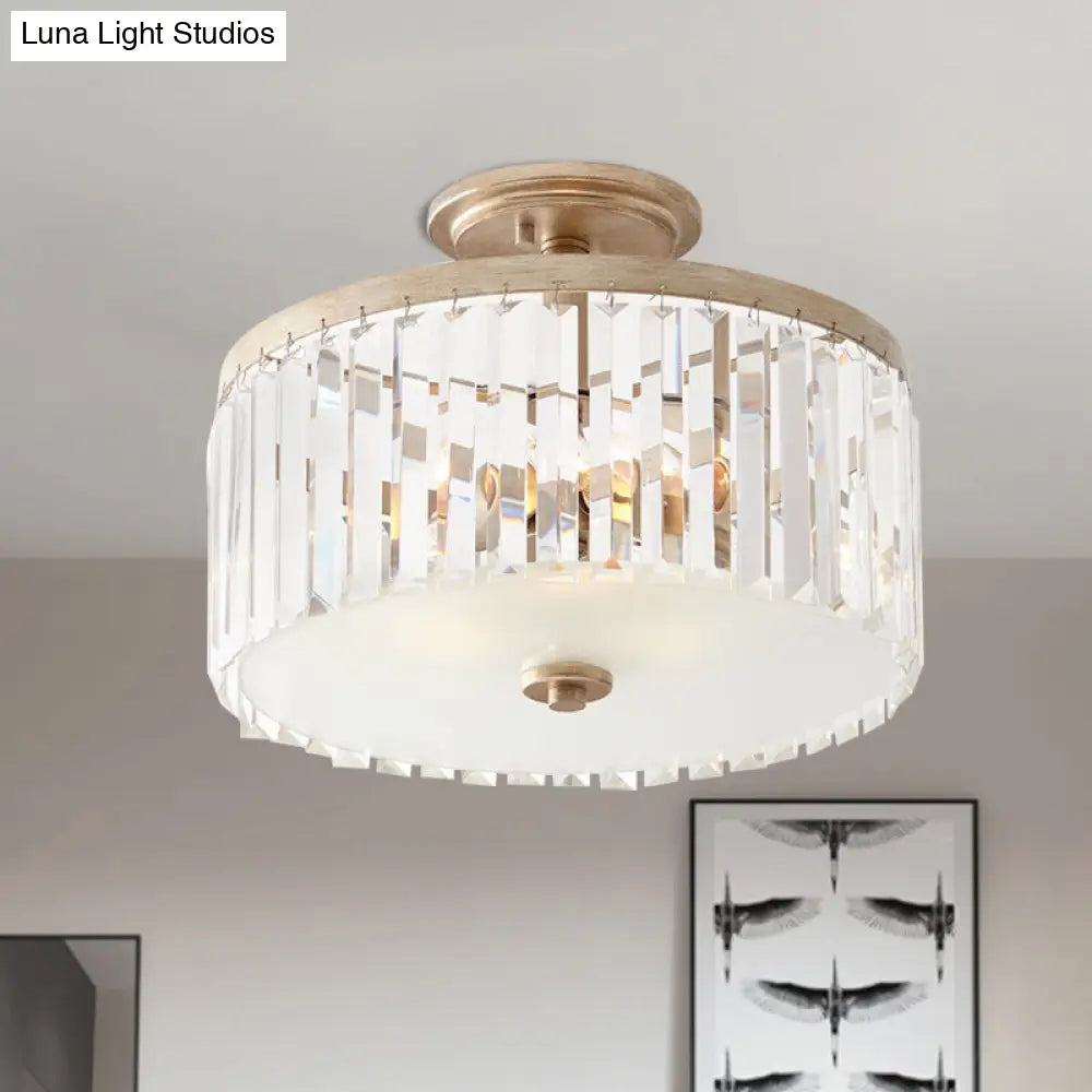Gold Circle Crystal Block Semi Flush Mount With Recessed Lighting - 3 Bulbs Simplicity For Corridors