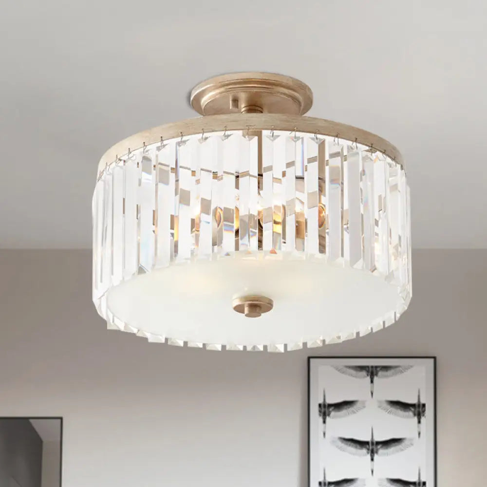 Gold Circle Crystal Block Semi Flush Mount With Recessed Lighting - 3 Bulbs Simplicity For Corridors