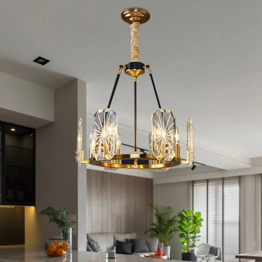 Gold Circular Crystal Panels Chandelier - Postmodern 6-Head Living Room Pendant Light