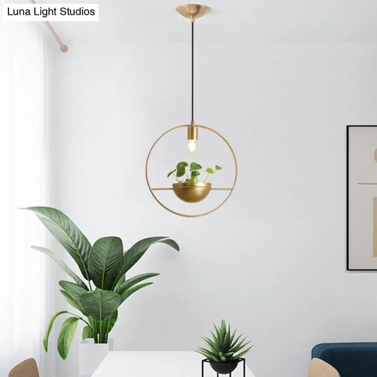 Gold Circular Iron 1-Head Pendant Light Fixture - Elegant Dining Room Plant Lighting