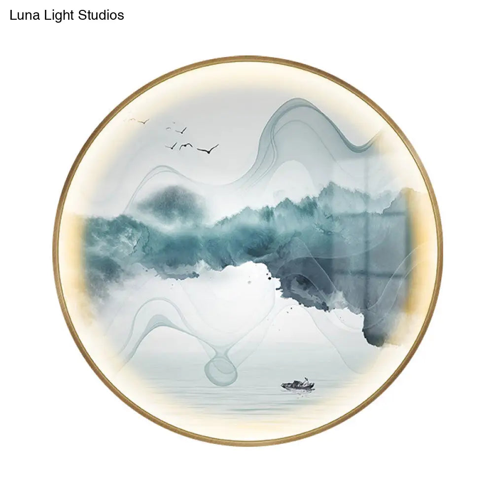 Gold Circular Mountain And Lake Mural Led Wall Light: Stunning Chinese Metallic Lighting Idea