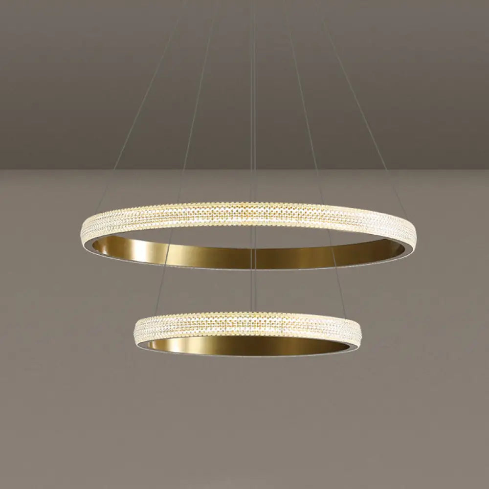 Gold Circular Pendant Led Chandelier Light For Living Room / 2 Tiers 23.5’