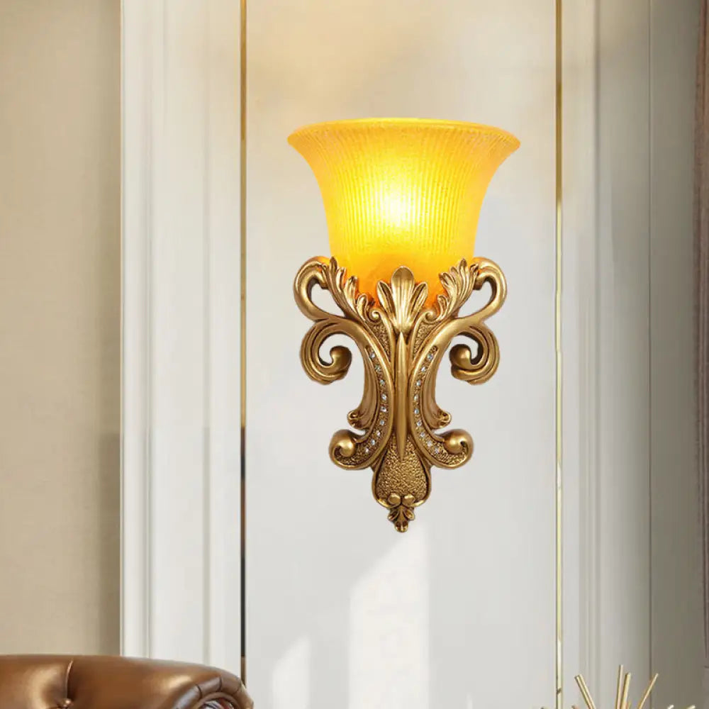 Gold Colonial Bell Flush Mount Wall Sconce With Prismatic Glass For Living Room Lighting