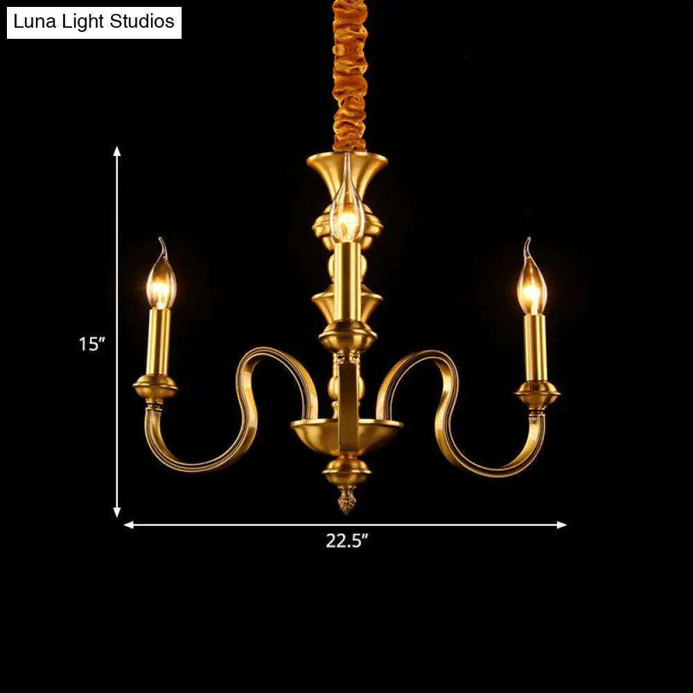 Gold Colonial Candle Ceiling Pendant Light With 3/5/6 Metal Heads - Elegant Living Room Chandelier