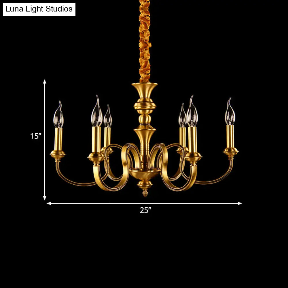 Gold Colonial Candle Ceiling Pendant Light With 3/5/6 Metal Heads - Elegant Living Room Chandelier