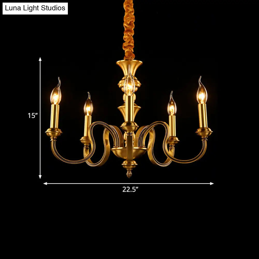 Gold Colonial Candle Ceiling Pendant Light With 3/5/6 Metal Heads - Elegant Living Room Chandelier