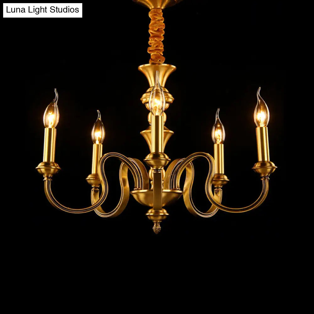 Gold Colonial Candle Ceiling Pendant Light With 3/5/6 Metal Heads - Elegant Living Room Chandelier