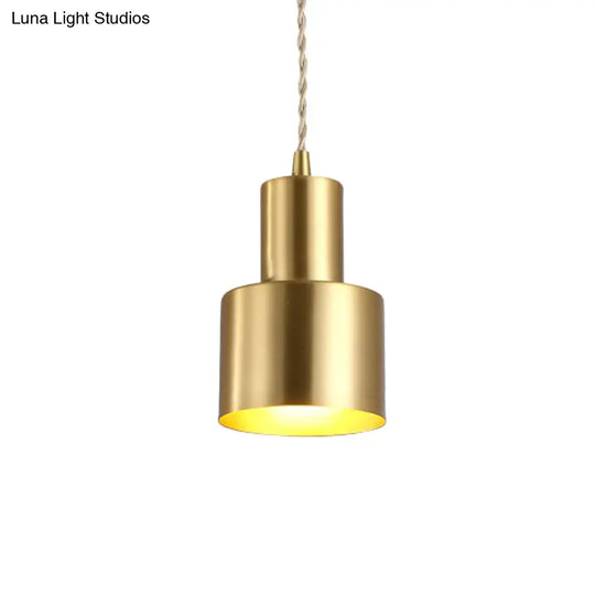 Gold Colonial Cylinder Pendant Light - 1 Bulb Iron Ceiling Lamp For Bedroom