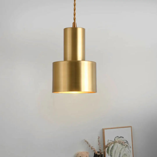 Gold Colonial Cylinder Pendant Light - 1 Bulb Iron Ceiling Lamp For Bedroom