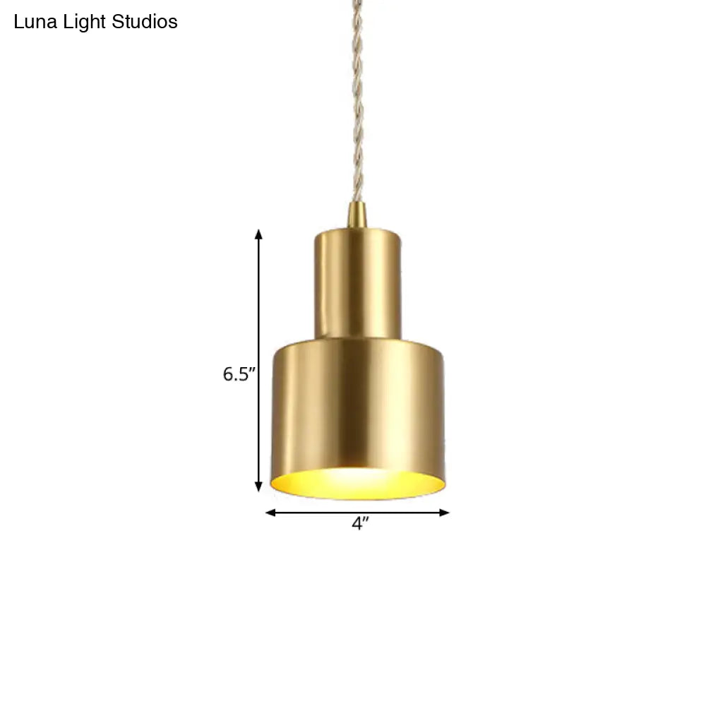 Gold Colonial Cylinder Pendant Light - 1 Bulb Iron Ceiling Lamp For Bedroom