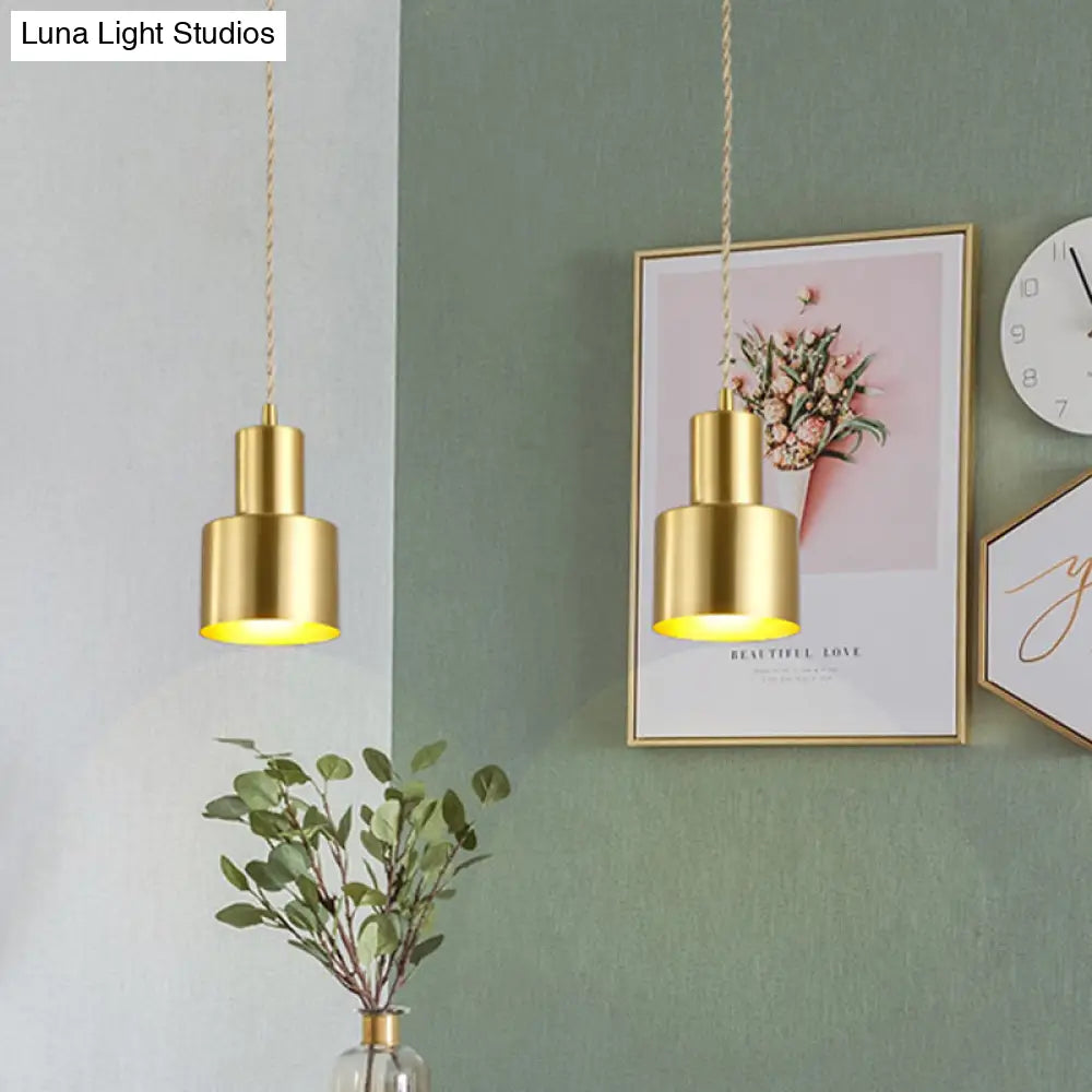 Gold Colonial Cylinder Pendant Light - 1 Bulb Iron Ceiling Lamp For Bedroom