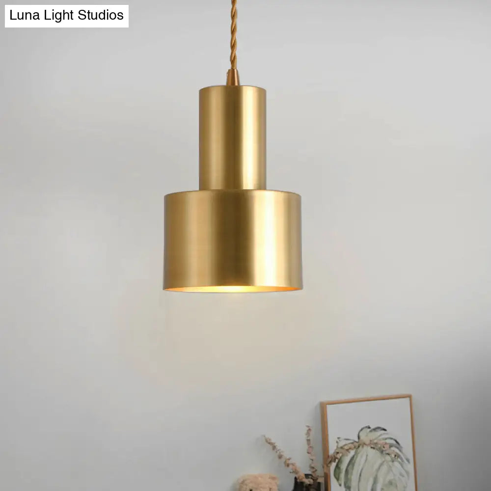 Gold Colonial Cylinder Pendant Light - 1 Bulb Iron Ceiling Lamp For Bedroom