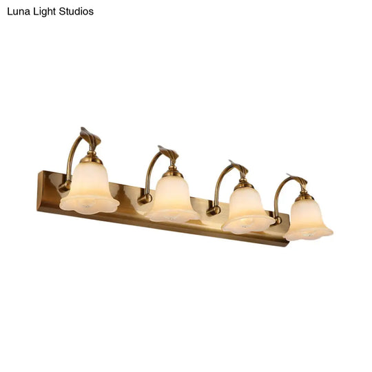 Gold Colonial Glass Bloom Vanity Light Fixture For Bathroom With Leaf Decor - 1/2/3-Head