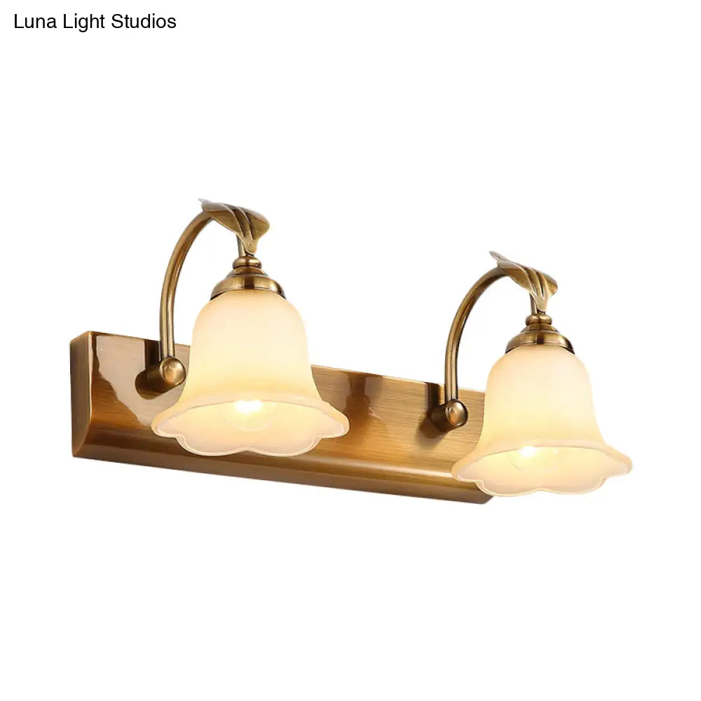 Gold Colonial Glass Bloom Vanity Light Fixture For Bathroom With Leaf Decor - 1/2/3-Head