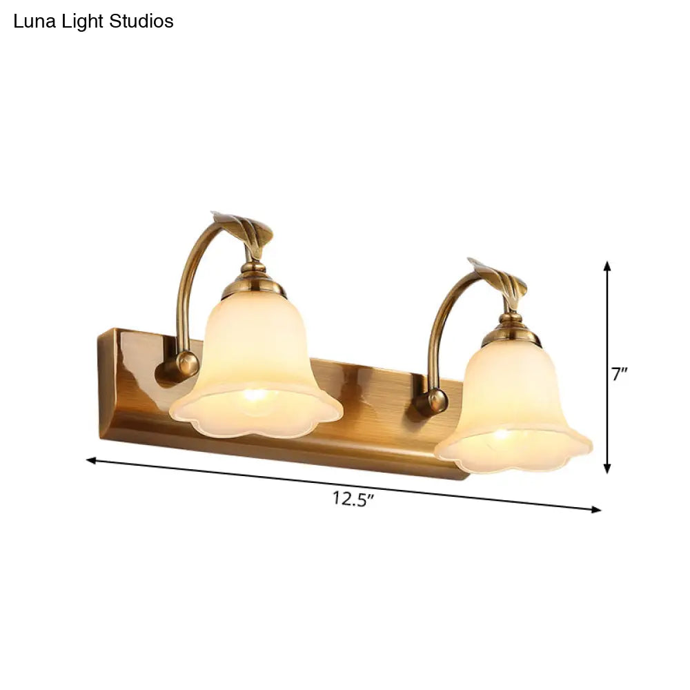 Gold Colonial Glass Bloom Vanity Light Fixture For Bathroom With Leaf Decor - 1/2/3-Head