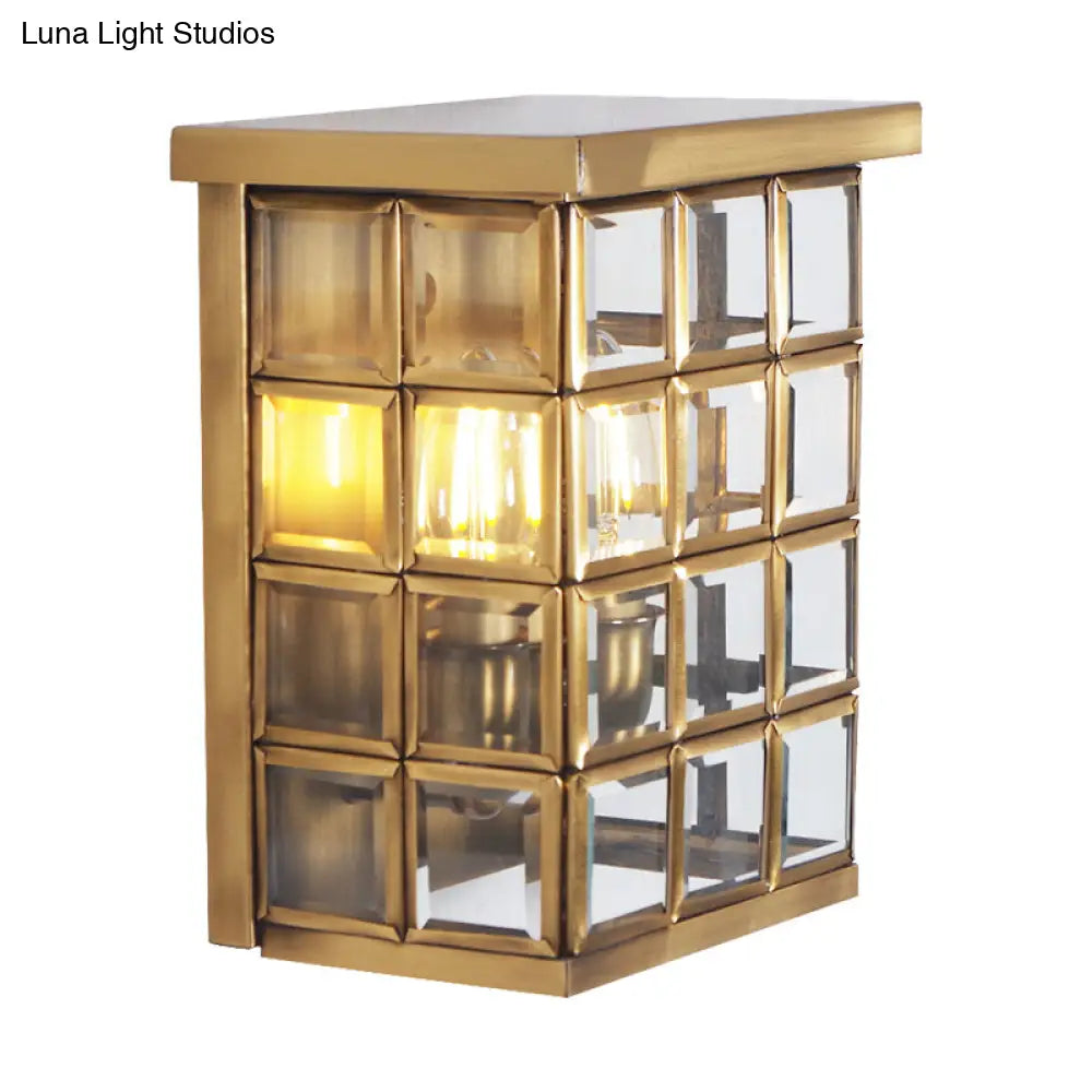 Gold Colonial Grid Flush Wall Sconce - Clear Glass Outdoor 2-Light Mount