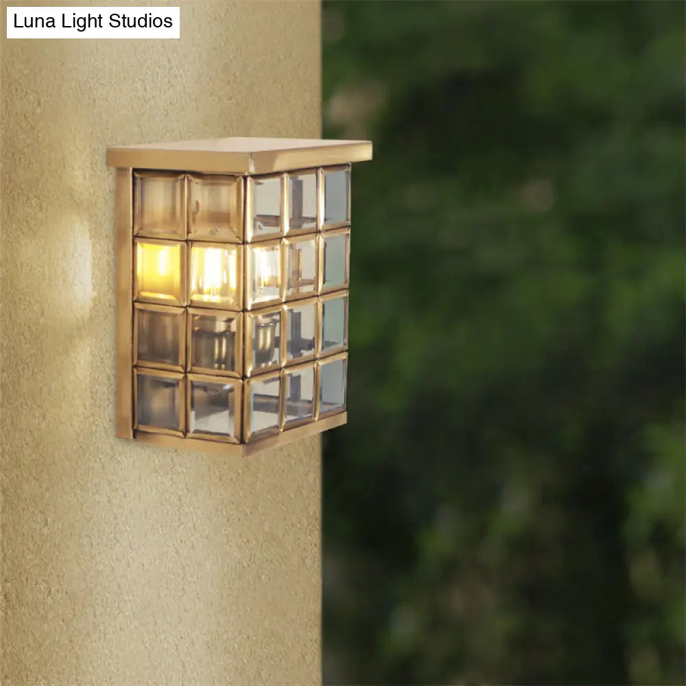 Gold Colonial Grid Flush Wall Sconce - Clear Glass Outdoor 2-Light Mount