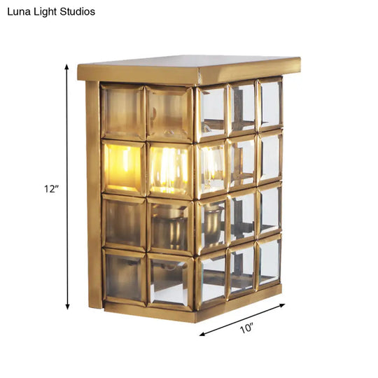 Gold Colonial Grid Flush Wall Sconce - Clear Glass Outdoor 2-Light Mount