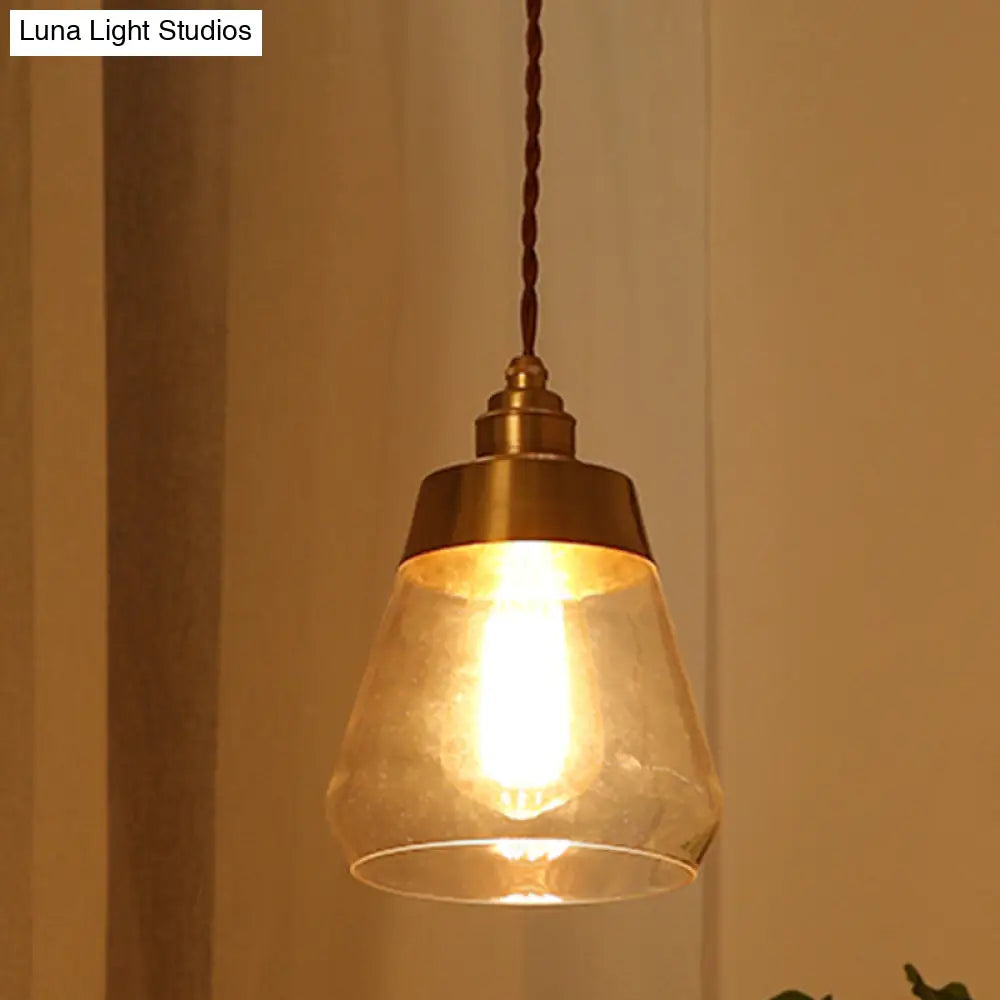 Gold Colonial Pendant Lamp With Cone Glass Shade - 1 Bulb Down Lighting For Restaurants