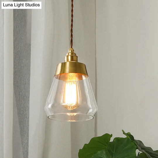 Gold Colonial Pendant Lamp With Cone Glass Shade - 1 Bulb Down Lighting For Restaurants