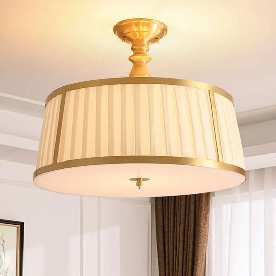 Gold Colonial Semi Flush Light With 4 Fabric - Covered Heads For Bedroom Ceilings