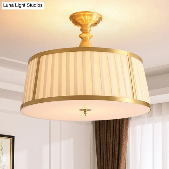 Gold Colonial Semi Flush Light With 4 Fabric-Covered Heads For Bedroom Ceilings