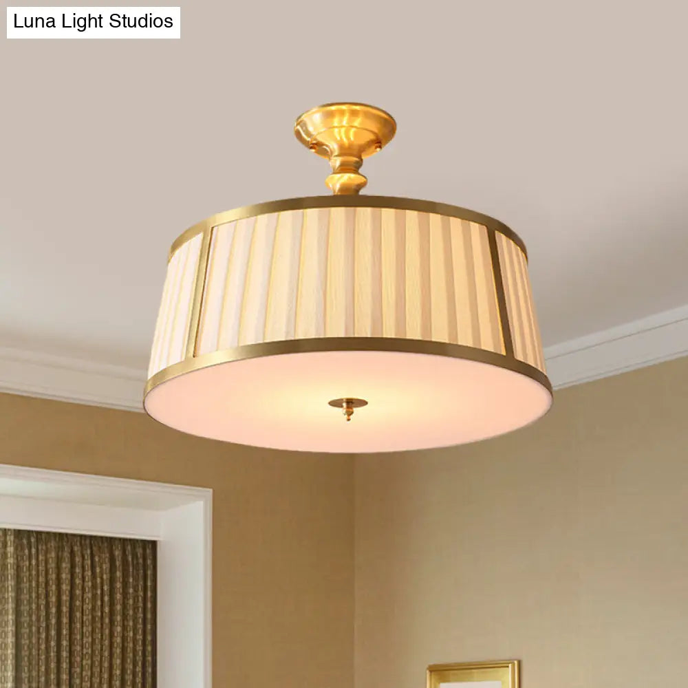 Gold Colonial Semi Flush Light With 4 Fabric-Covered Heads For Bedroom Ceilings