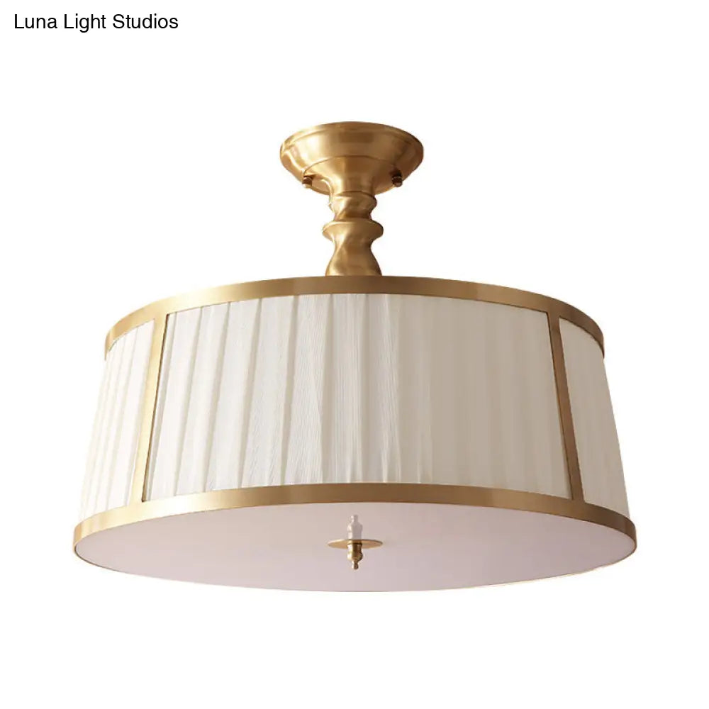 Gold Colonial Semi Flush Light With 4 Fabric - Covered Heads For Bedroom Ceilings