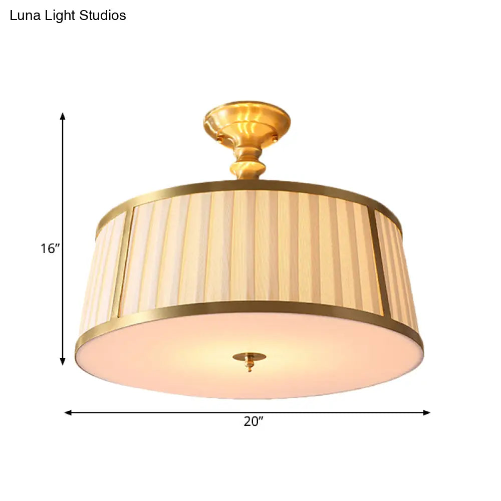 Gold Colonial Semi Flush Light With 4 Fabric - Covered Heads For Bedroom Ceilings