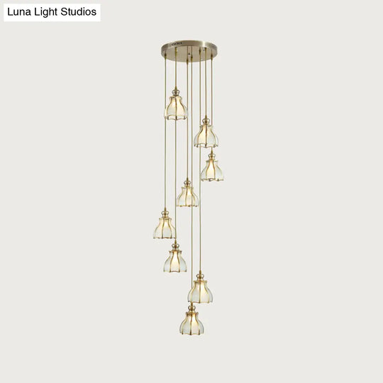 Gold Colonial Spiral Ceiling Light With Frosted Glass Shade - 8 Bulbs Pendant Lamp In Metal Cluster