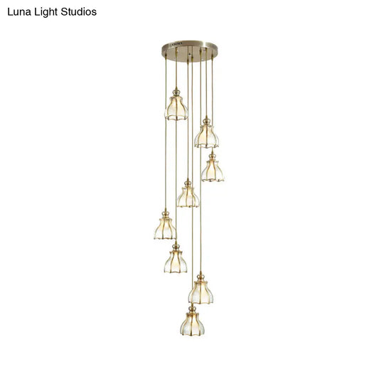 Gold Colonial Spiral Ceiling Light With Frosted Glass Shade - 8 Bulbs Pendant Lamp In Metal Cluster