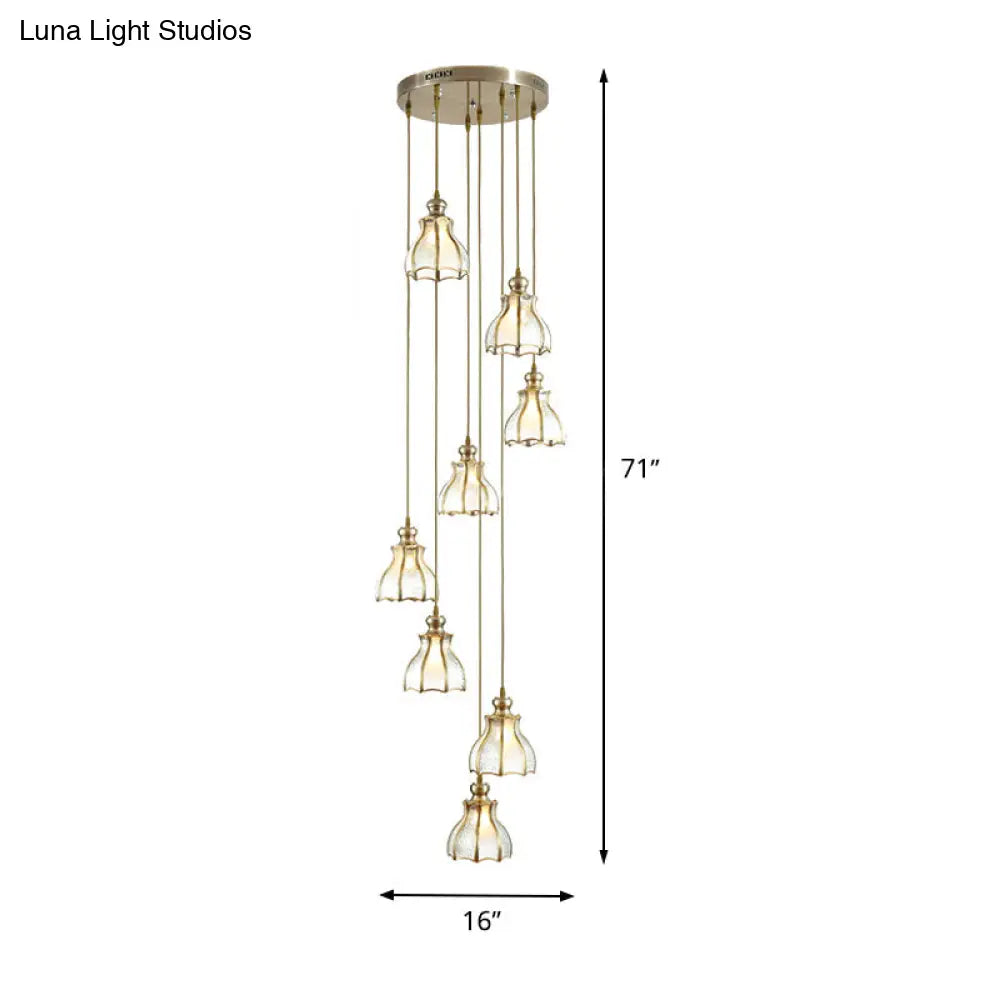 Gold Colonial Spiral Ceiling Light With Frosted Glass Shade - 8 Bulbs Pendant Lamp In Metal Cluster