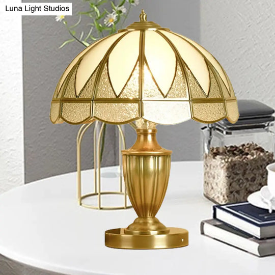 Gold Colonial Style Bedside Lamp With Beige Glass Dome - 12/16 Wide Nightstand Light