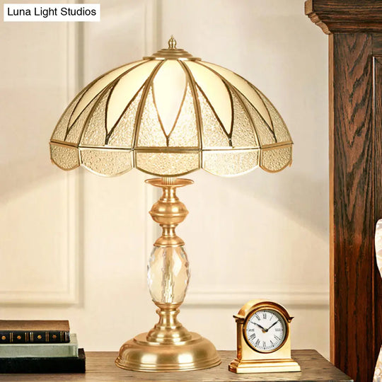 Gold Colonial Style Bedside Lamp With Beige Glass Dome - 12/16 Wide Nightstand Light