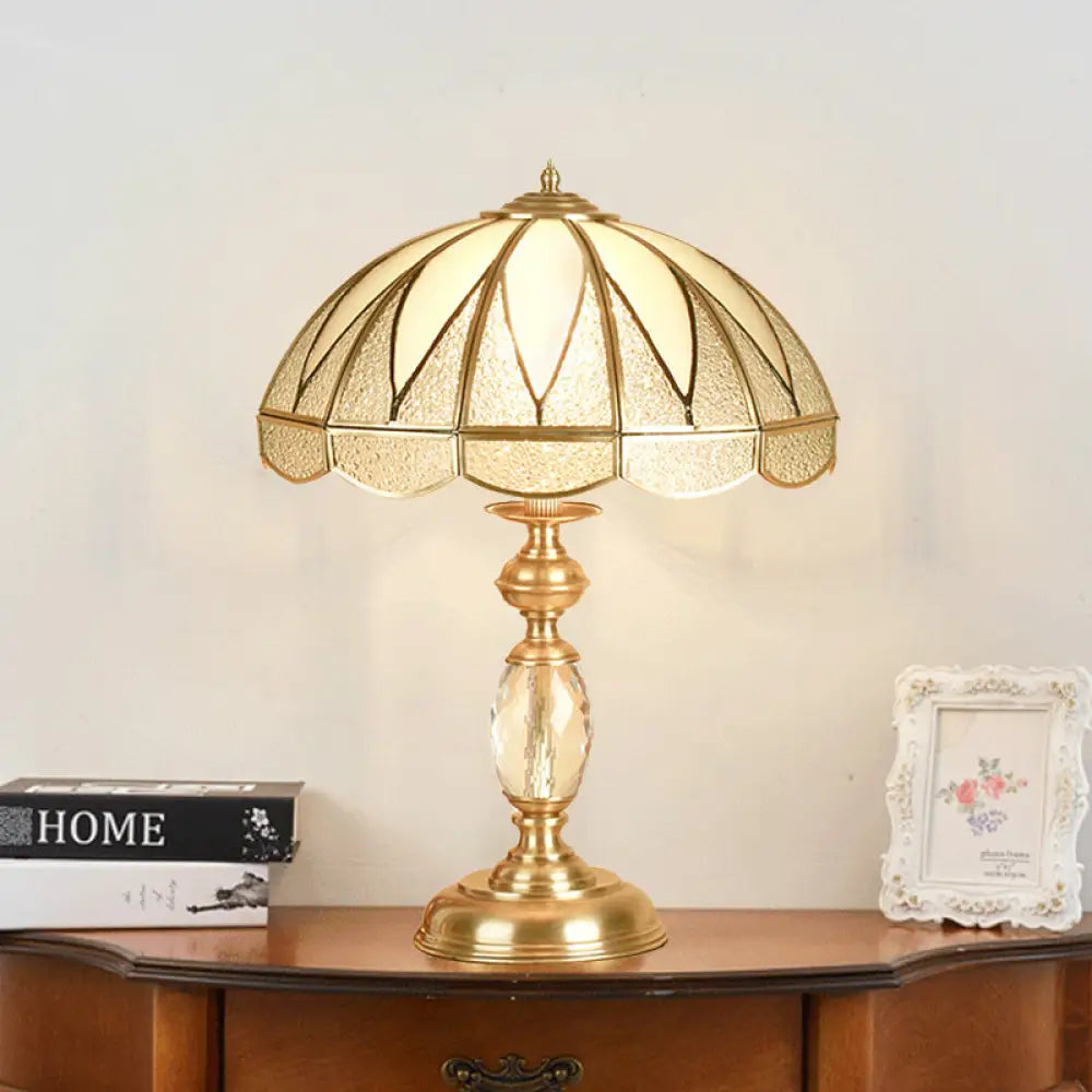 Gold Colonial Style Bedside Lamp With Beige Glass Dome - 12/16 Wide Nightstand Light / 16