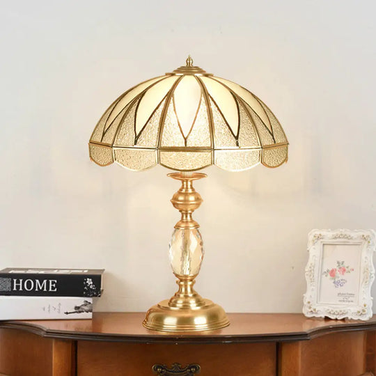 Gold Colonial Style Bedside Lamp With Beige Glass Dome - 12/16 Wide Nightstand Light / 16